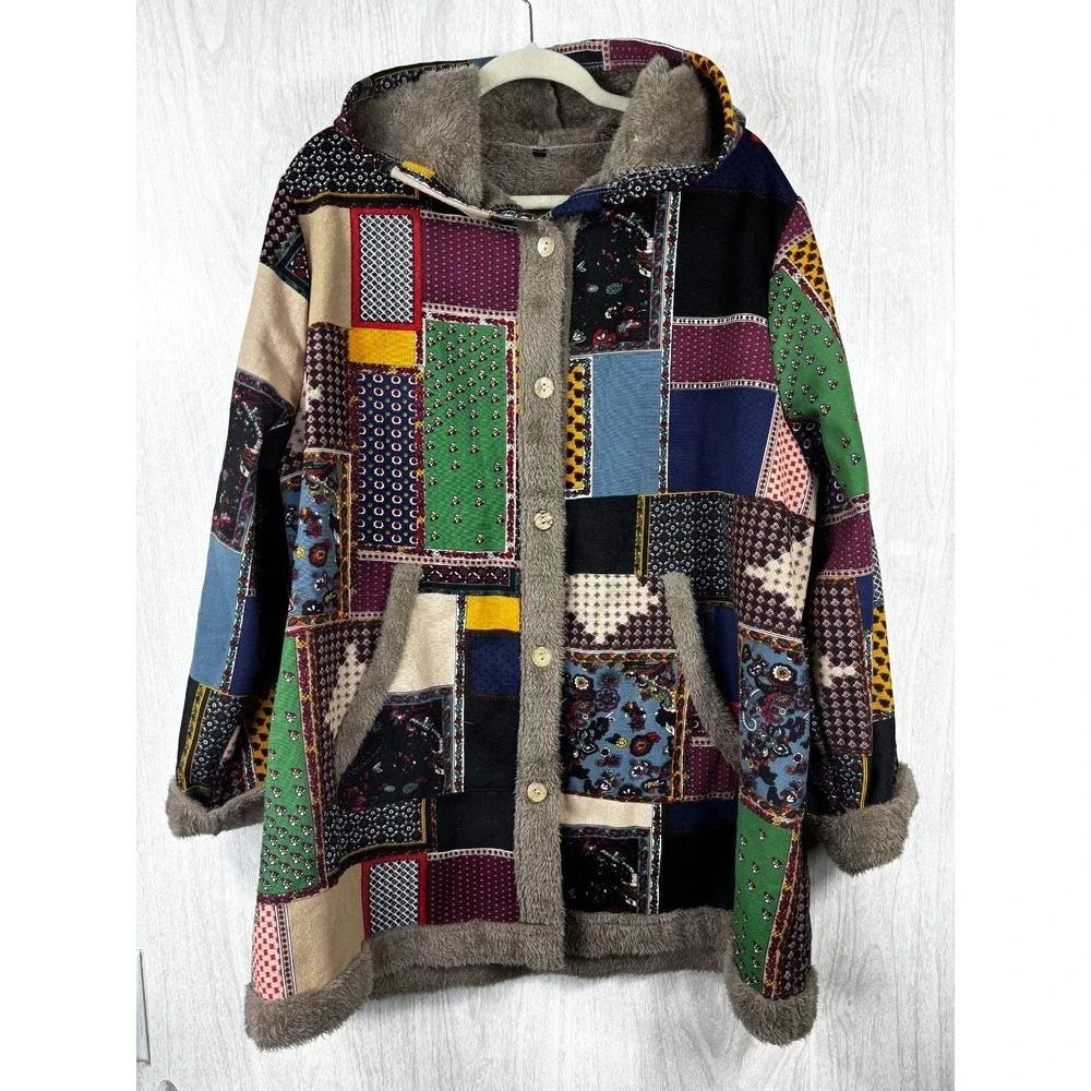 Vintage‎ Patchwork Sherpa Coat XL Oversized Hooded Boho Cozy Lined Jacket - Picture 2 of 8